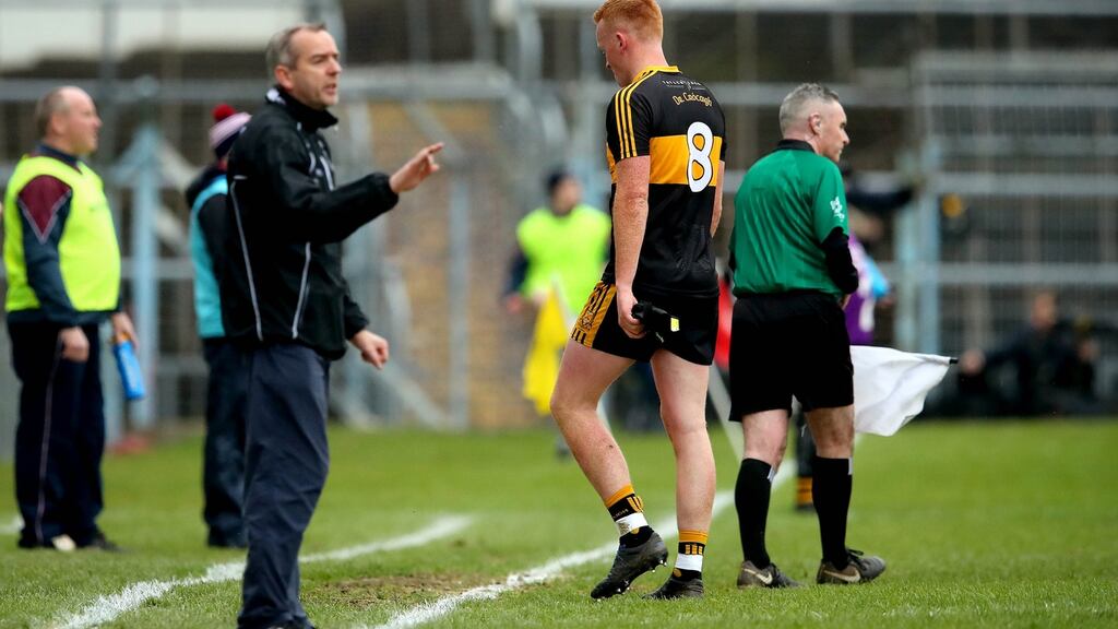Dr Crokes’ Johnny Buckley after being sent off against Mullinalaghta. Photograph: Ryan Byrne/Inpho