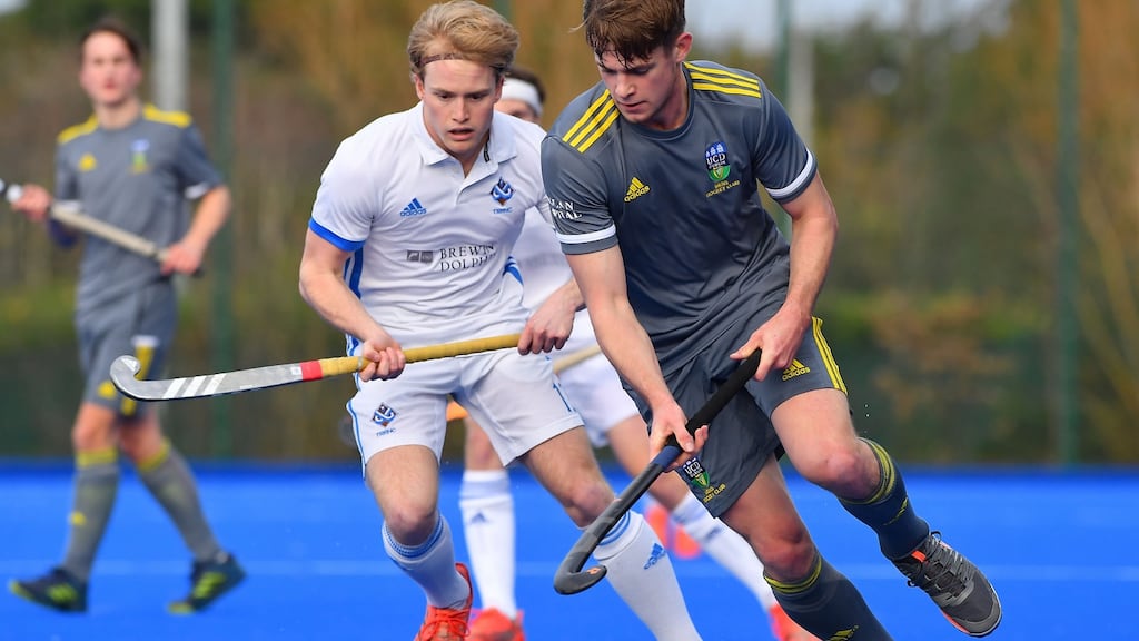 UCD’s Mark Samuel (right) takes on Three Rock Rovers’s James Walker during their Irish Senior Cup match at Belfield. Photograph: Inpho