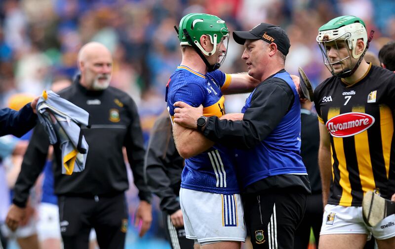Liam Cahill with Noel McGrath after Tipperary's win over Kilkenny. Photograph: Ryan Byrne/Inpho