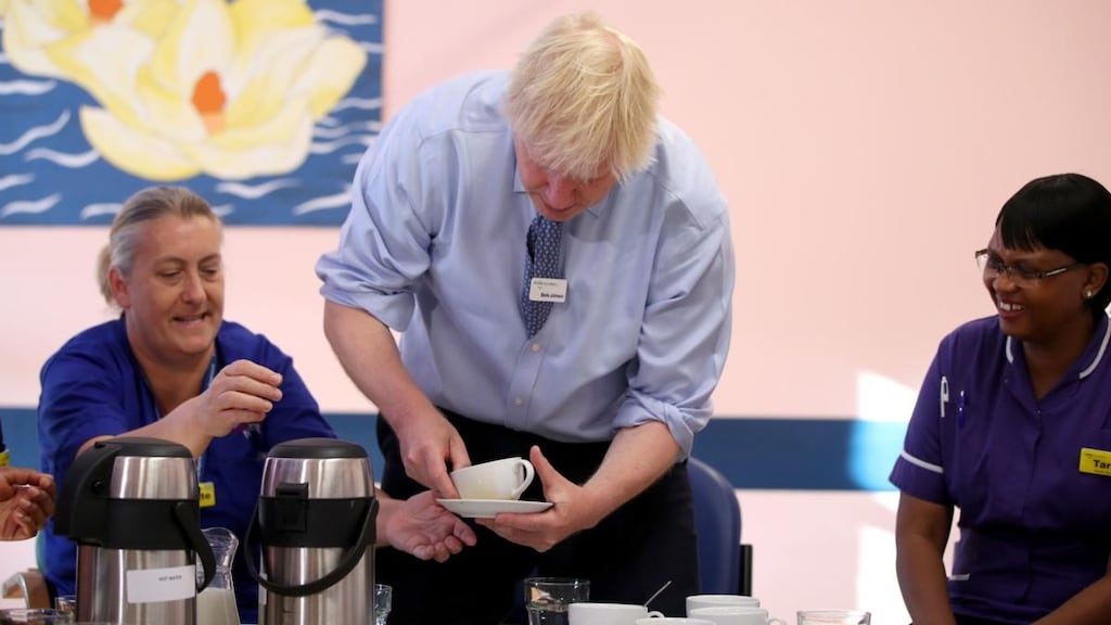British prime minister Boris Johnson visiting Whipps Cross University Hospital in Leytonstone, London, on Wednesday. Photograph: Yui Mok/AFP/Getty Images