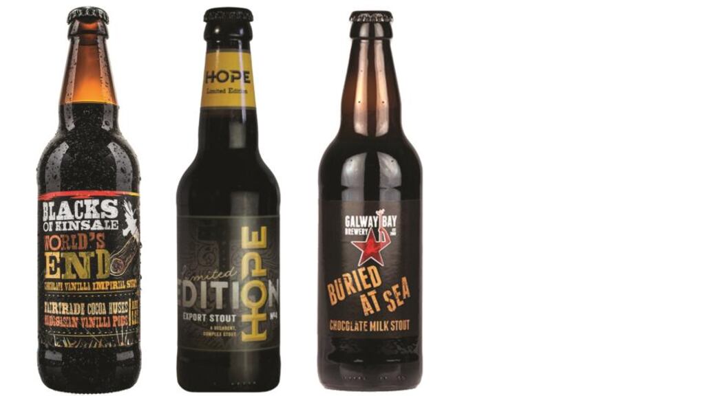 Easter treats: The World’s End Imperial Chocolate Vanilla Stout by Blacks; Export Stout No4 by Hope; and Buried at Sea by Galway Bay