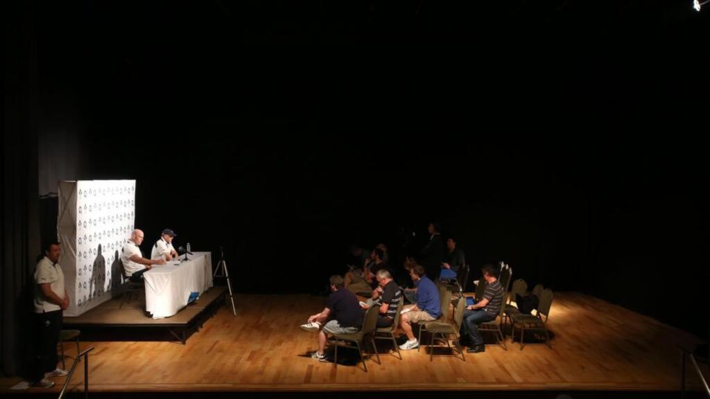 Ireland captain Paul O’Connell and coach Joe Schmidt during today’s team announcement in Tucaman. Photograph: Dan Sheridan