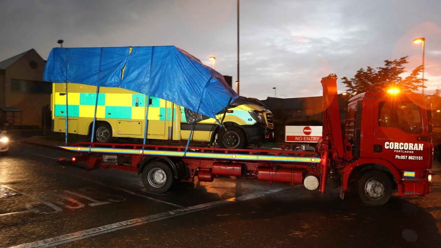 The ambulance which went on fire at Naas General hospital killing one man, is removed from the scene. Photograph: Colin Keegan, Collins Dublin.