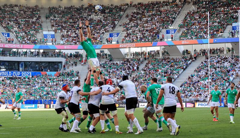 Ireland’s Tadhg Beirne wins a lineout during the game against Romania. Photograph: Dan Sheridan/inpho