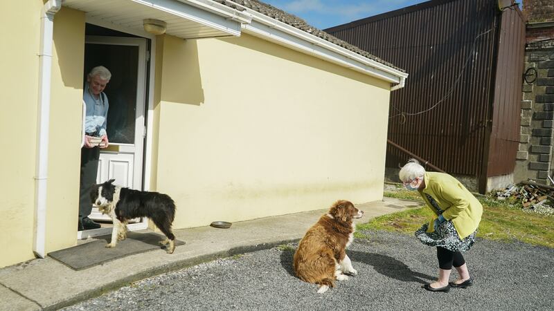 Imelda Ward delivers a hot dinner to Willy Slattery and biscuit treats for his two dogs Collie and Scooby. Photograph: Enda O’Dowd