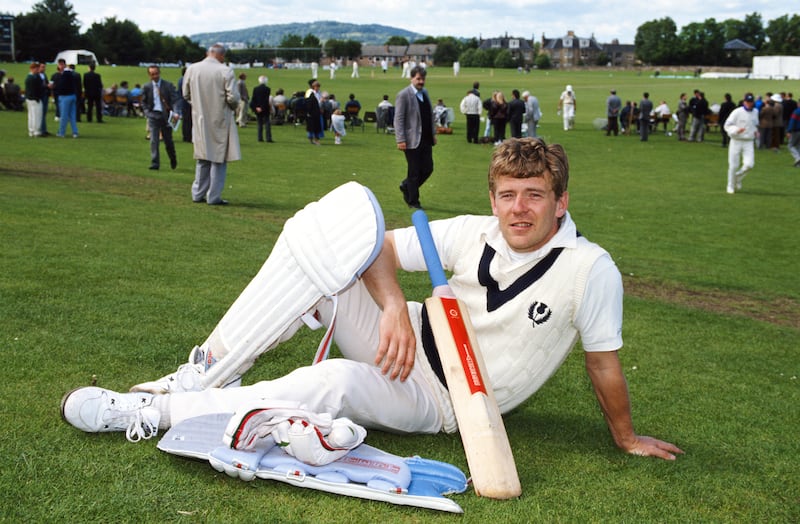 Dual Scotland international player Andy Goram pictured while waiting to bat during a NatWest Trophy match between Scotland and Sussex at Myreside in Edinburgh in June 1991. Photograph: Shaun Botterill/Allsport/Getty Images
