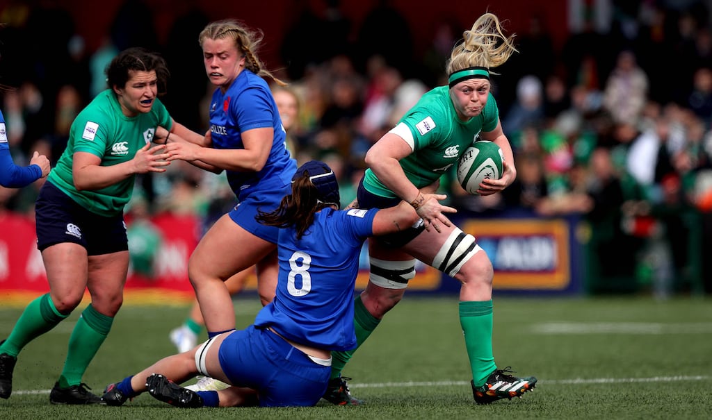 Ireland’s Sam Monaghan being tackled by Charlotte Escudero of France in the Women's Six Nations. Photograph: INPHO/Ryan Byrne