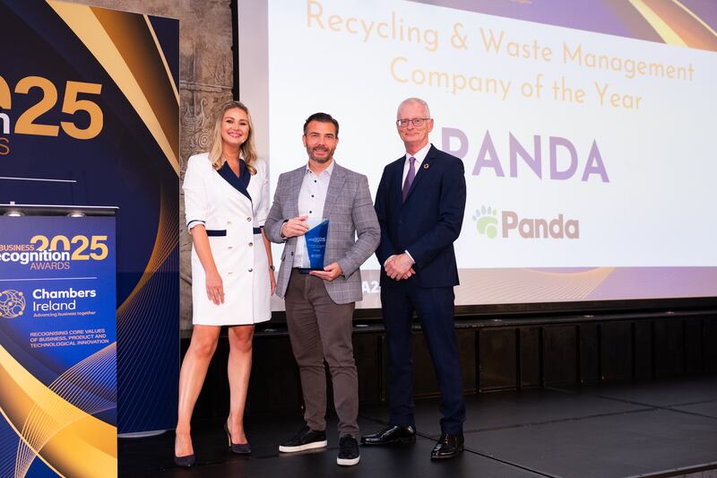 Anna Daly, MC of the awards; Tom Martin, group sales director at Panda; and Ian Talbot, chief executive of Chambers Ireland. Photographer: Ruben Morrissey-Fernandez/Ruby Productions