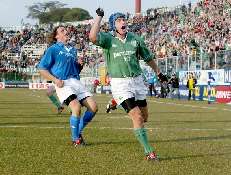 David Humphreys celebrates scoring a try during the 2003 Six Nations game against Italy at Stadio Flaminio in Rome. Photograph: Morgan Treacy/Inpho