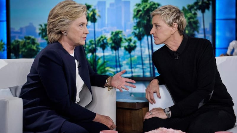 The then Democratic presidential nominee Hillary Clinton (L) appears on The Ellen DeGeneres Show on October 13th, 2016. Photograph: Brendan Smialowski/AFP via Getty Images