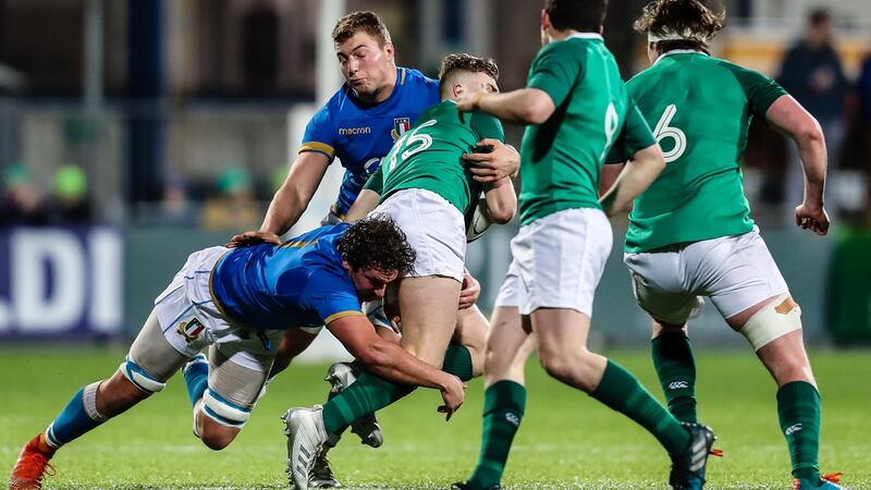 Flanker Jacopo Bianchi (bottom left), who was been sent off after just nine minutes of the Under-20 Six Nations match against Ireland at Donybrook, is considered a senior star of the future. Photograph: Laszlo Geczo/Inpho