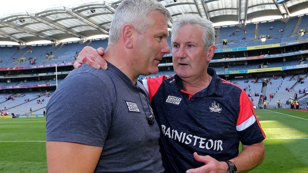 Diarmuid O’Sullivan and Cork manager Kieran Kingston  celebrate after the victory over Kilkenny at Croke Park.  Photograph: Lorraine O’Sullivan/Inpho
