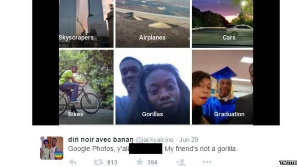 A New York-based software developer tweeted Google about the fact its app had mistakenly labelled a black couple as being “gorillas”. Image via Twitter.