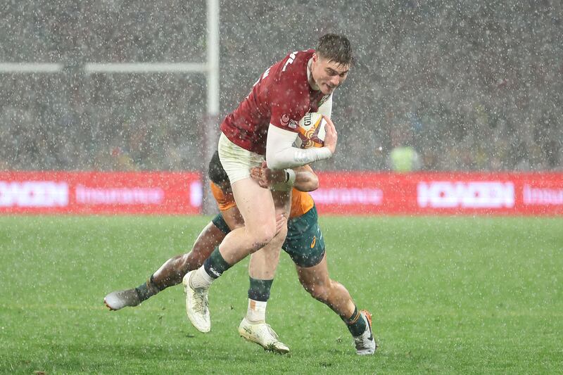 Tommy Freeman of the British and Irish Lions is tackled. Photograph: Mark Metcalfe/Getty