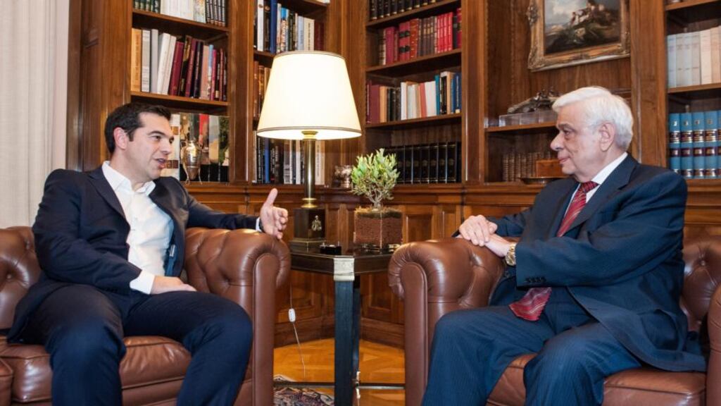 Greece’s prime minister Alexis Tsipras talks with president Prokopis Pavlopoulos in the Presidential Hall in Athens. Photograph: Fotis Plegas G/EPA.