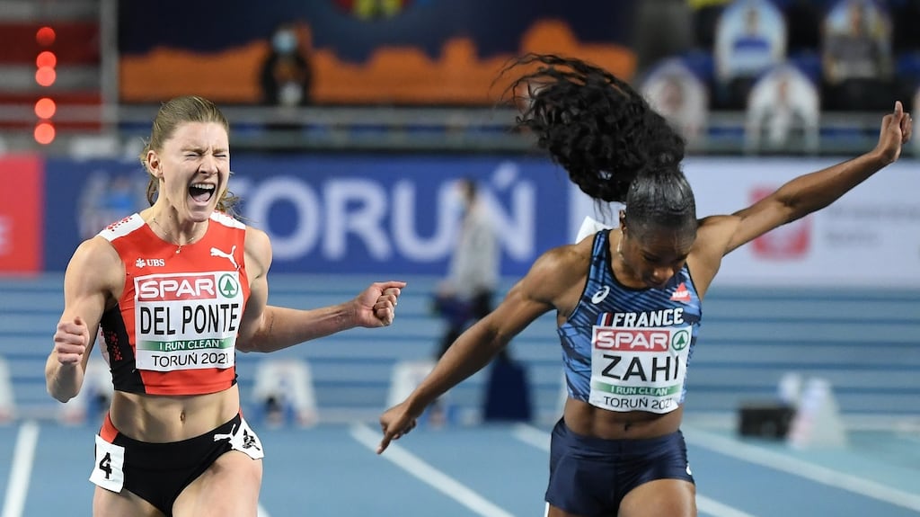 Ajla Del Ponte of Switzerland celebrates after winning the women’s 60 metres final ahead of Carolle Zahi of France during the European Indoor Championships in Torun, Poland. Photograph: Piotr Hawalej/Getty Images