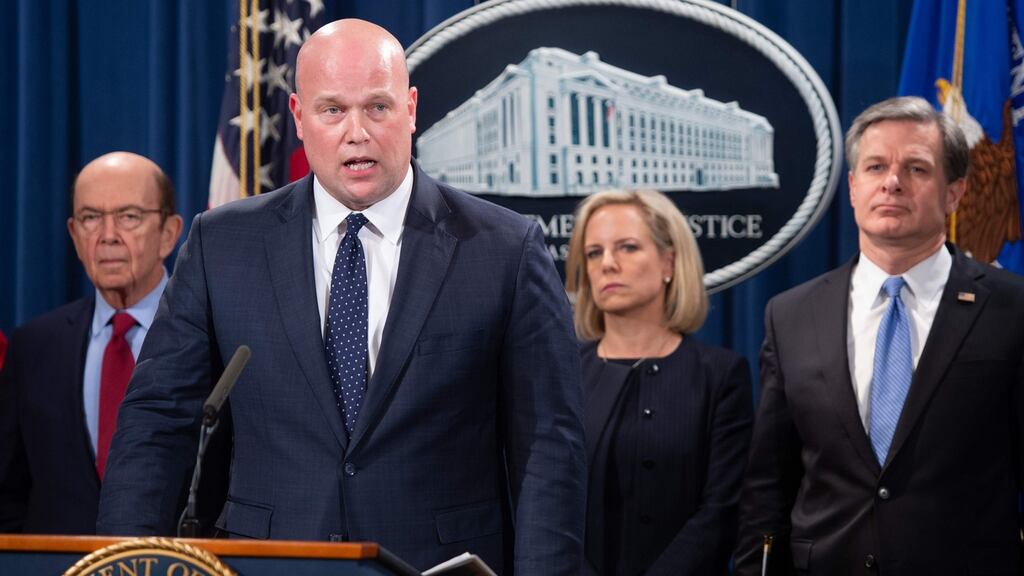Acting US attorney general Matthew Whitaker, secretary of homeland security Kirstjen Nielson, commerce secretary Wilbur Ross (left), and FBI director Christopher Wray (right), announce a 13-count indictment of financial fraud charges against Chinese telecommunications manufacturer Huawei in Washington, DC. Photograph: Saul Loeb/AFP/Getty Images