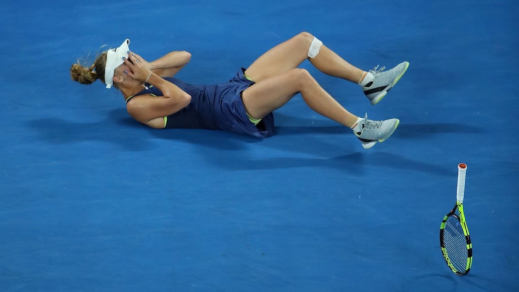 Denmark’s Caroline Wozniacki celebrates winning championship point in her women’s singles final against Simona Halep of Romania at the Australian Open in Melbourne. Photograph: Mark Kolbe/Getty Images