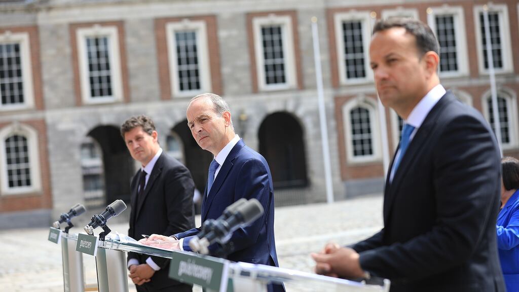 Fianna Fáil leader Micheál Martin, Fine Gael leader Leo Varadkar and Green Party leader Eamon Ryan. All three Government parties and Sinn Féin have admitted conducting private polling on voter intentions using members or activists who purported to be working for companies that didn’t exist. File photograph: Julien Behal