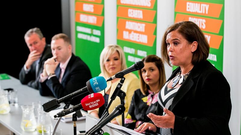 Sinn Féin president Mary Lou McDonald (far right) speaking at the Metropolitan Arts Centre, Belfast, on Tuesday. Photograph: Liam McBurney/PA Wire