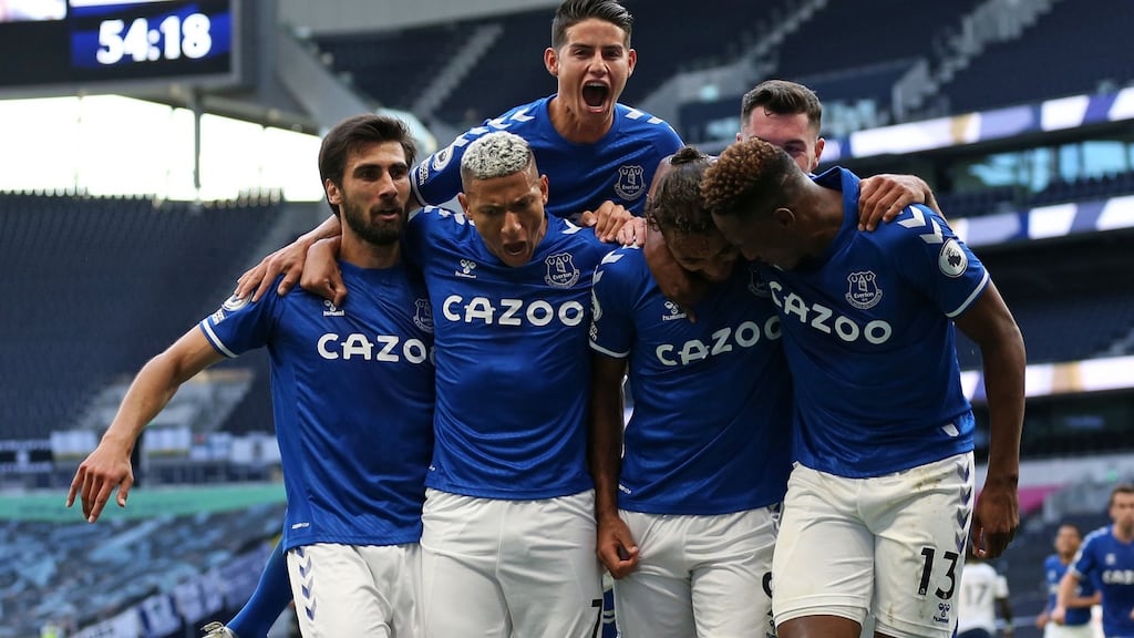Everton celebrate Dominic Calvert-Lewin’s winner against Spurs. Photograph: Alex Pantling/AFP/Getty