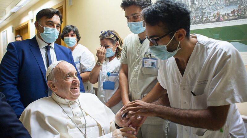 Pope Francis at the Gemelli hospital. Photograph: Vatican Media/AFP via Getty Images