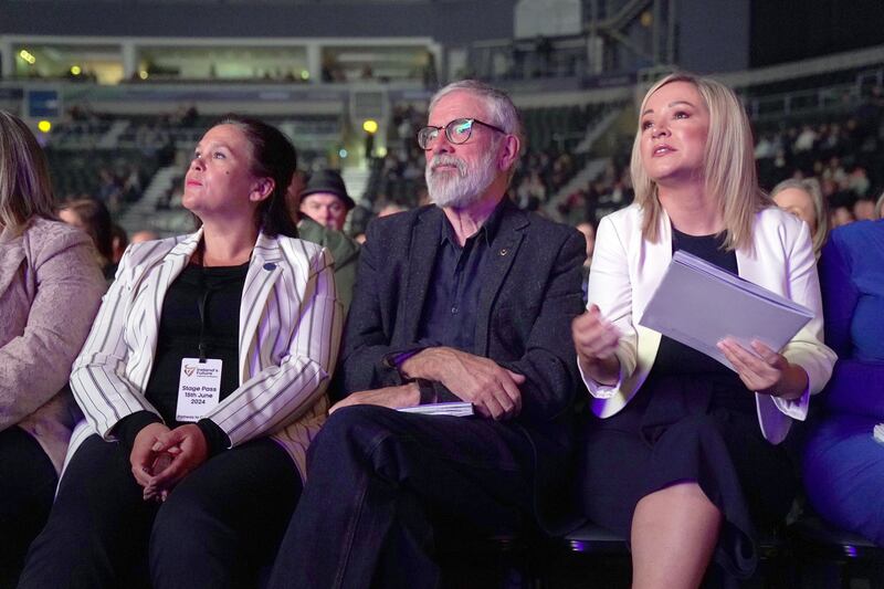 Sinn Fein president Mary Lou McDonald (left) sits with former party president Gerry Adams and First Minister Michelle O'Neill. Photograph: Brian Lawless/PA