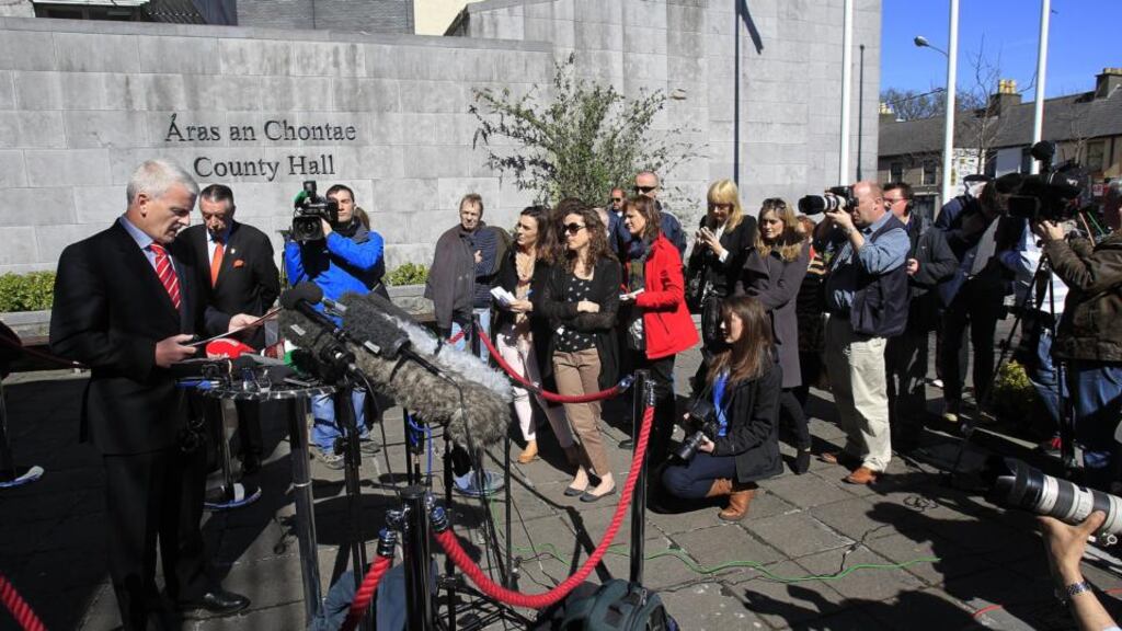 Tony Canavan (left) from Galway and Roscommon Hospital Group outside Galway County Hall after the jury in the inquest of Savita Halappanavar returned a unanimous verdict of death by medical misadventure. Photograph: Julien Behal/PA Wire