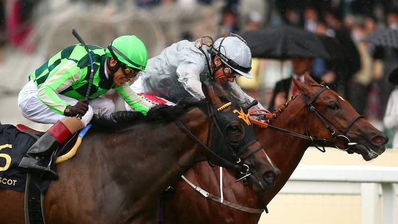 Frankie Dettori and Raffle Prize edge outJohn Velazquez and Kimari. Photograph: Charlie Crowhurst/Getty