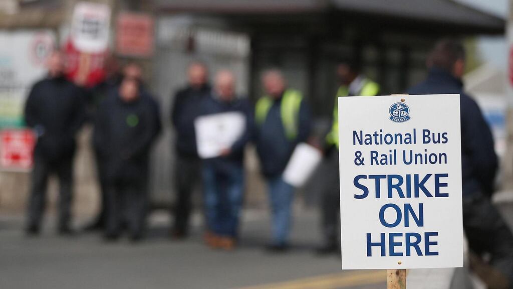 Members of the trade unions Siptu and the National Bus and Rail Union (NBRU) on the picket line at the bus depot in Phibsborough. Photograph: Niall Carson/PA Wire