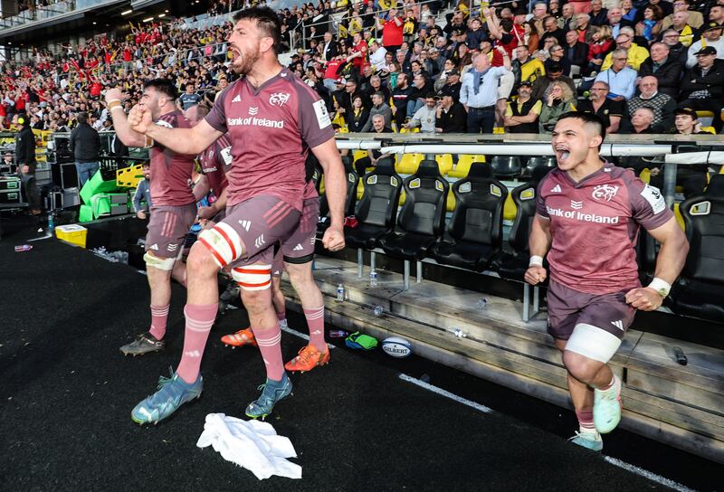 Munster's Jean Kleyn and Thaakir Abrahams celebrate winning the match. Photograph: Billy Stickland/Inpho
