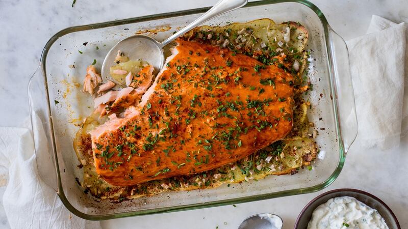 Salmon with potatoes and horseradish-tarragon sauce. Photograph: Andrew Scrivani/The New York Times.
