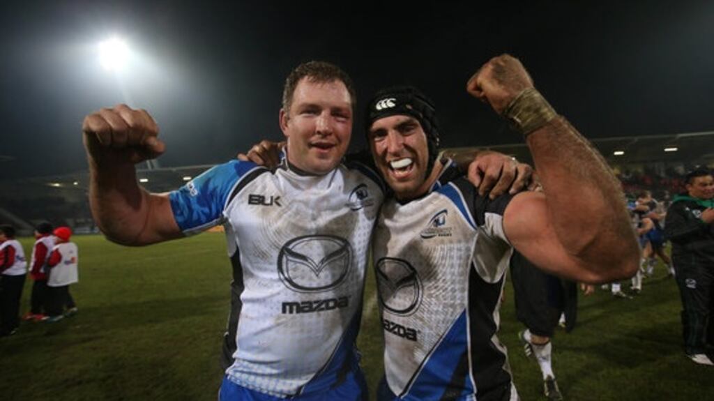 Connacht captain John Muldoon and Michael Swift after the province’s famous win over Toulouse in 2013. Photograph: Inpho