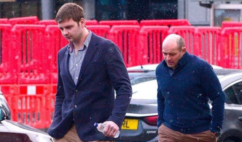 Ireland and Ulster rugby captain Rory Best (right) and club and international team-mate
Iain Henderson arrive at Laganside Magistrates’ Court in Belfast on Wednesday, where their
team-mates Paddy Jackson and Stuart Olding are on trial for the alleged rape of a woman.
Photograph: PACEMAKER