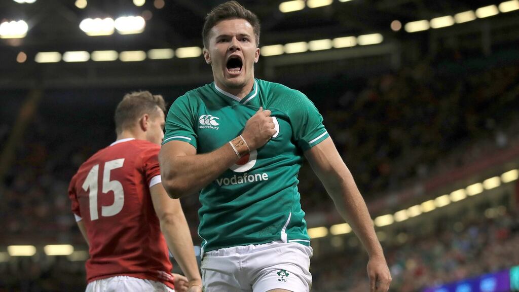 Ireland’s Jacob Stockdale celebrates scoring the opening try during the friendly win over Wales in Cardiff. Photo: Adam Davy/PA Wire
