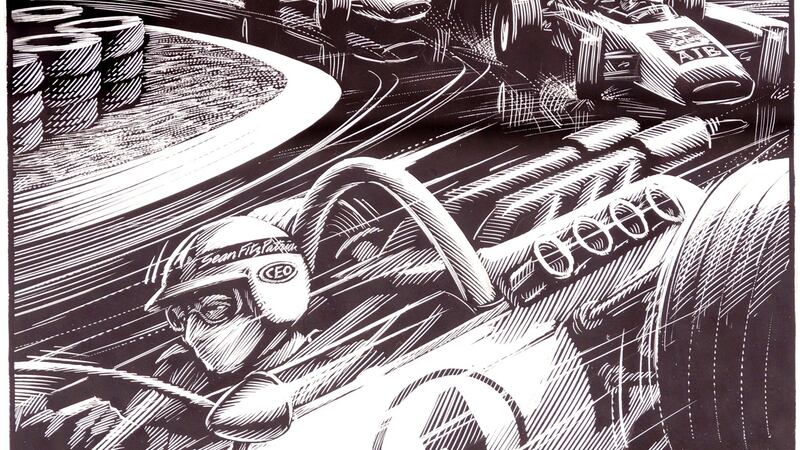 Original artwork for ‘Pole Position’, an illustration by David Rooney of Seán FitzPatrick, former chairman of Anglo Irish Bank