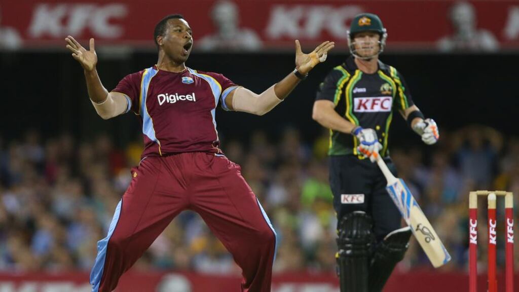 Kieron Pollard of the West Indies celebrates after dismissing Brad Haddin of Australia during a Twenty20 match in February