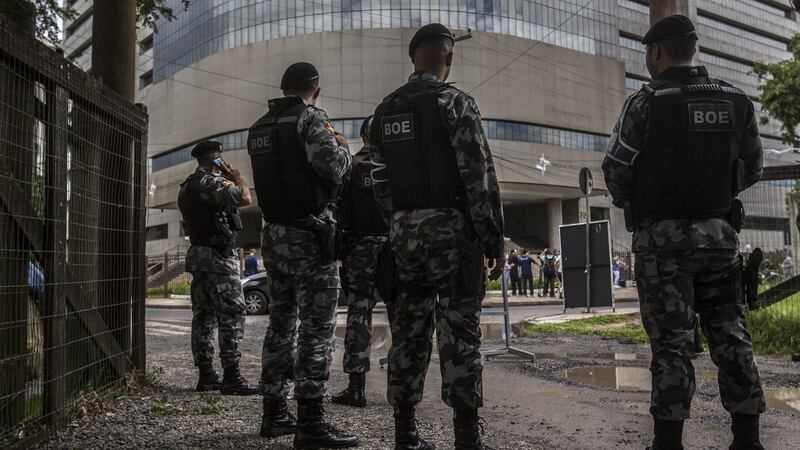 The Special Operations Batallion stand guard in front of the 4th Federal Court building ahead of former president Luiz Inacio Lula da Silva’s appeal hearing in Porto Alegre, Brazil. Photograph: Dado Galdieri/Bloomberg
