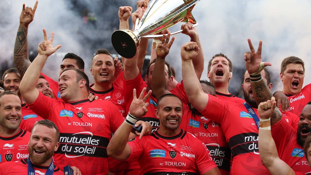 Toulon celebrate their Champions Cup final win over Clermont Auvergne at Twickenham in May 2015. Photograph: Dan Sheridan/Inpho