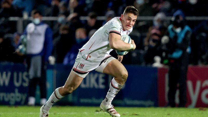 James Hume in flight during Ulster’s upset of Leinster. Photograph: Bryan Keane/Inpho