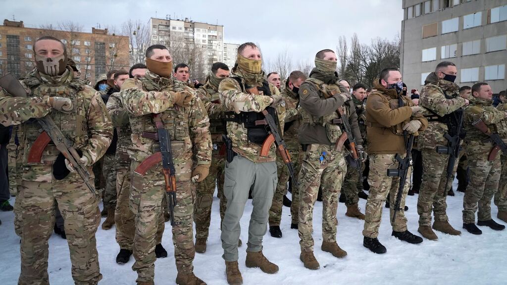 Local residents train close to Ukrainian capital Kyiv. Photograph: Efrem Lukatsky/AP
