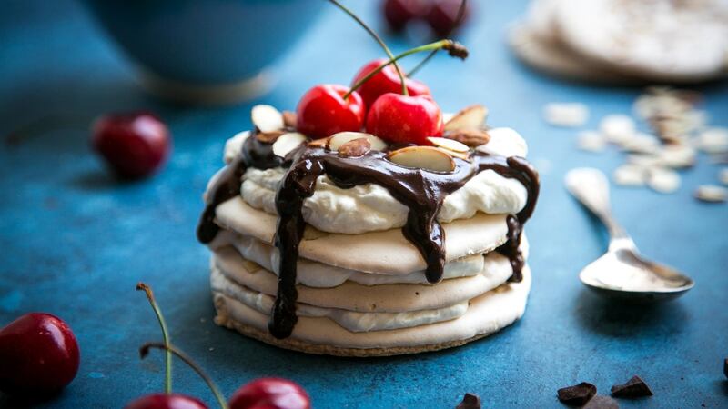 Cherry and chocolate almond meringue stacks