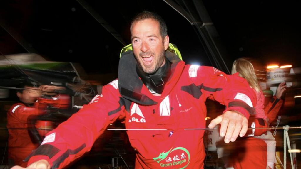 Damian Foxall on board the Green Dragon is welcomed to Galway Harbour during the 2009 Volvo Ocean Race (Leg 7). Photograph: Inpho