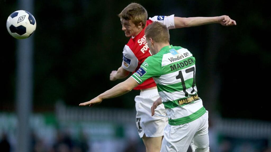 St Pat’s Chris Forrester in action against Simon Madden of Shamrock Rovers. Forrester received the SSE Airtricity/SWAI Player of the Month for April during which the midfielder scored five goals. Photo: Donall Farmer/Inpho