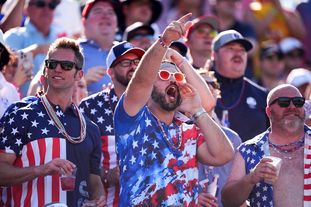 United States fans during Sunday's singles matches at the Ryder Cup. Photograph: Mike Egerton/PA Wire.