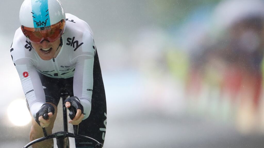 Team Sky rider Geraint Thomas in action during the opening time trial in Düsseldorf. Photograph: Christian Hartmann/Reuters