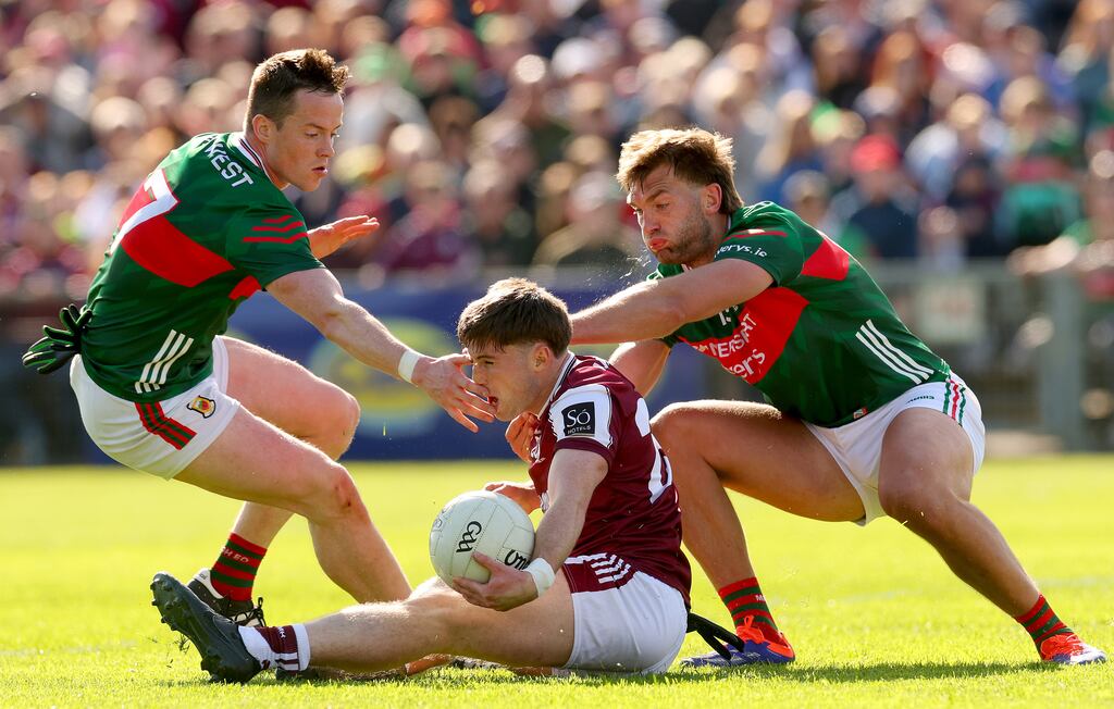 Connacht GAA Senior Football Championship Final, Hastings MacHale Park, Castlebar: Mayo’s Stephen Coen and Aidan O’Shea close down Cathal Sweeney of Galway. Photograph: James Crombie/Inpho