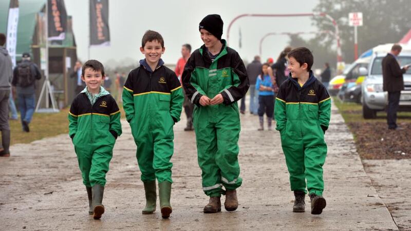 Luke Morrissey, Jack Morrissey, Matthew McKienney and Dylan Morrissey from Tipperary and Donegal at the National Ploughing Championships, Ratheniska. Photograph: Alan Betson