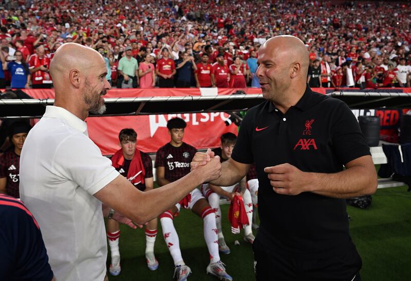 Erik ten Hag and Arne Slot ahead of the preseason game between Manchester United and Liverpool at Williams-Brice Stadium in Columbia, South Carolina. Photograph: Andrew Powell/Liverpool FC via Getty Images