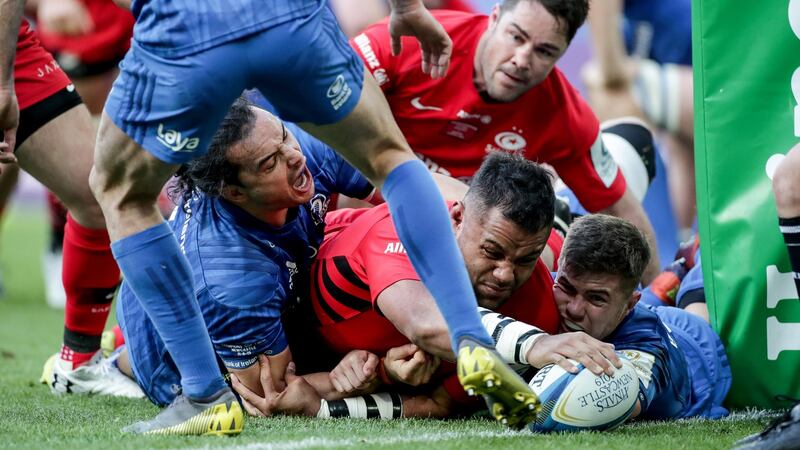 Saracens’ Billy Vunipola scores a try despite the efforts of Leinster’s James Lowe and Luke McGrath   in the  Heineken Champions Cup Final at St James’ Park, Newcastle, in May. Photograph: Billy Stickland/Inpho